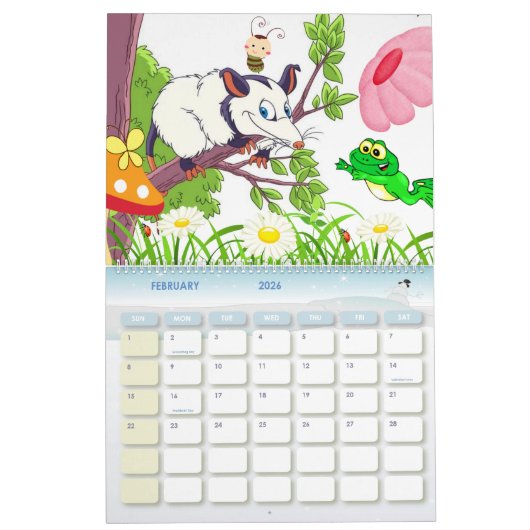 2024 Kalender Kleurrijke Kikker Opossum Bloemen (Feb 2026)