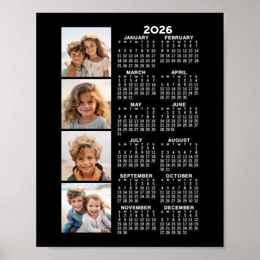 2024 Kalender met 4 foto collage - zwart Poster (Voorkant)