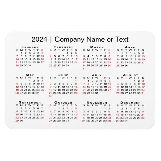2024 Kalender met Aangepaste Tekst Zwart Rood Wit Magneet (Horizontaal)