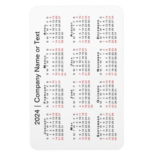2024 Kalender met Aangepaste Tekst Zwart Rood Wit Magneet (Verticaal)