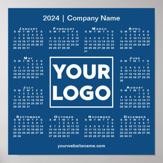 2024 Kalender met Bedrijf Logo en Naam Blauw Poster (Voorkant)