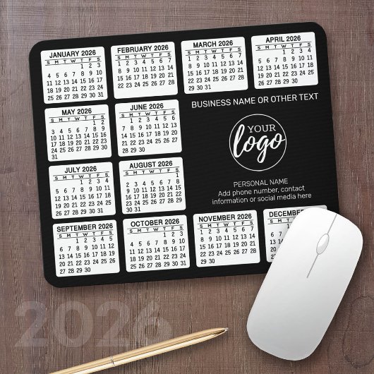 2024 Kalender met logo, Contactinformatie Zwart Muismat