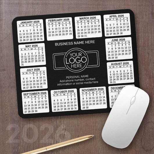 2024 Kalender met logo, Contactinformatie Zwart Muismat