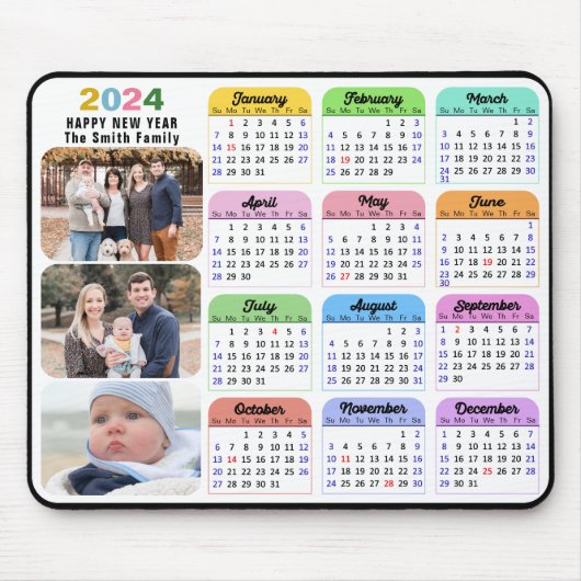 2024 Kalender Minimalist 3 Familie Foto Kleurrijk Muismat (Voorkant)