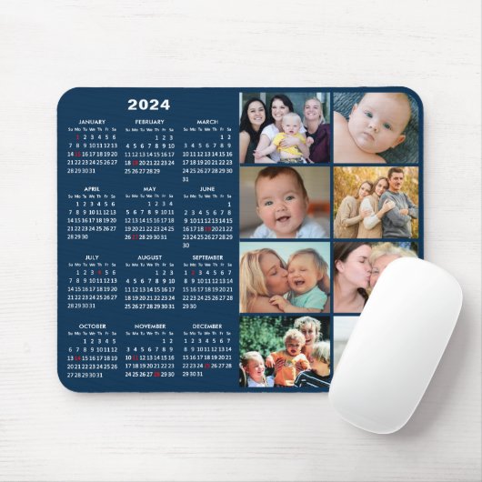 2024 Kalender Modern Blauw 8 Familie Fotocollage Muismat (Met muis)