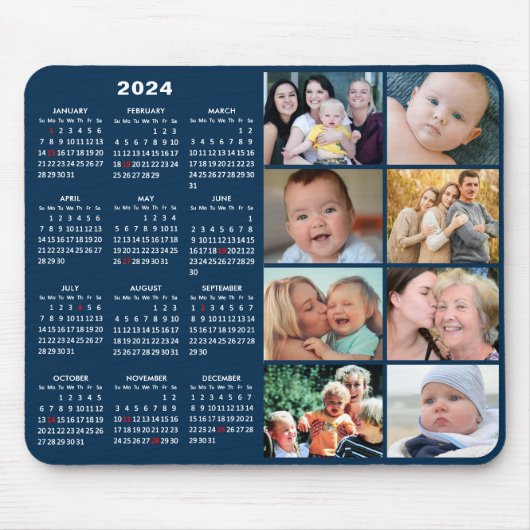 2024 Kalender Modern Blauw 8 Familie Fotocollage Muismat (Voorkant)