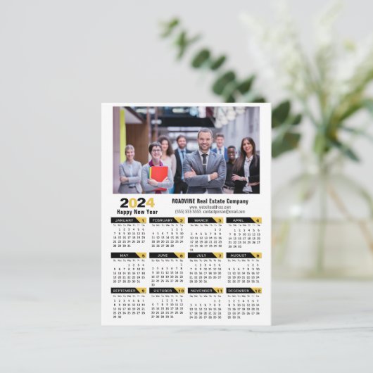 2024 Kalender Modern Goud Zwart Corporate Foto Feestdagenkaart (Staand voorkant)