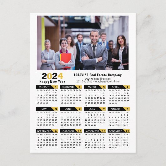 2024 Kalender Modern Goud Zwart Corporate Foto Feestdagenkaart (Voorkant)
