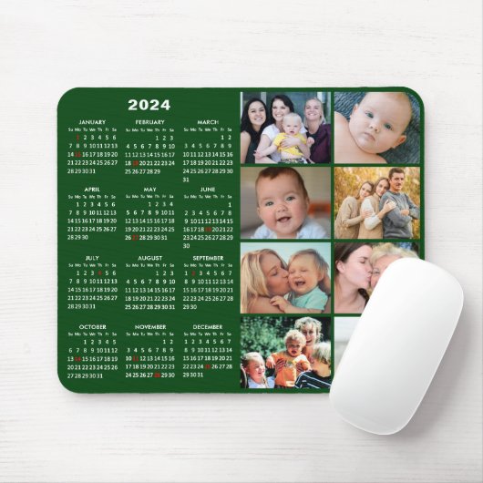 2024 Kalender Modern Groen 8 Familie Fotocollage Muismat (Met muis)