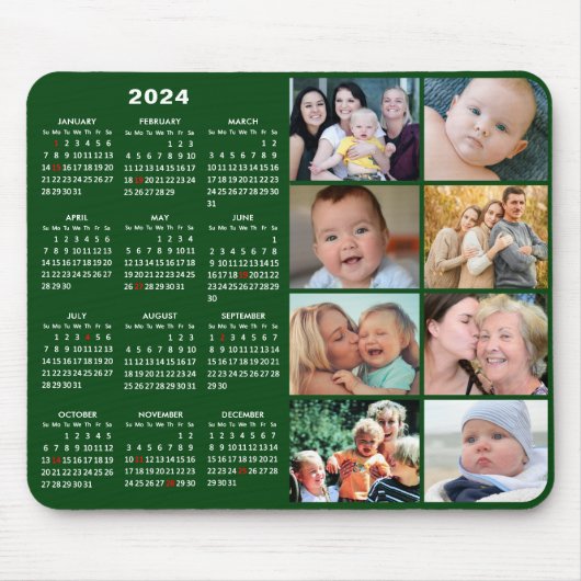 2024 Kalender Modern Groen 8 Familie Fotocollage Muismat (Voorkant)