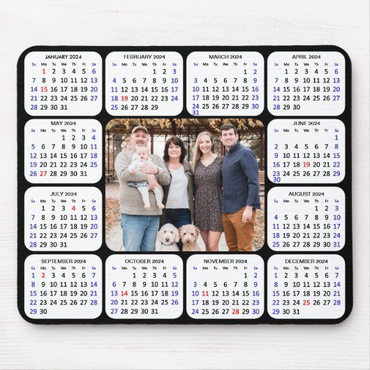 2024 Kalender Modern Zwart 4 Familie Foto Eenvoudi Muismat (Voorkant)
