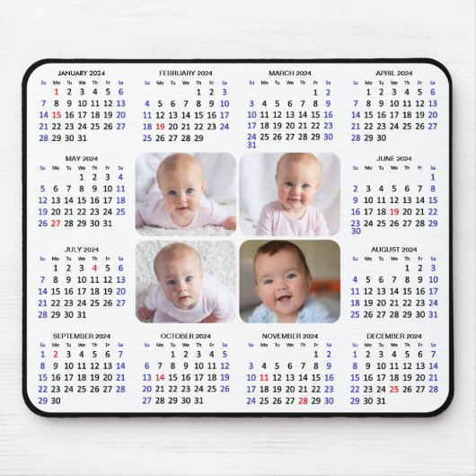 2024 Kalender Modern Zwart 4 Familie Foto Eenvoudi Muismat (Voorkant)