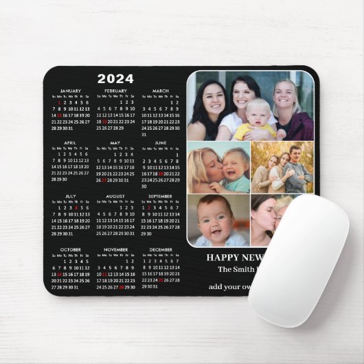 2024 Kalender Modern Zwart 5 Familie Fotocollage Muismat (Met muis)