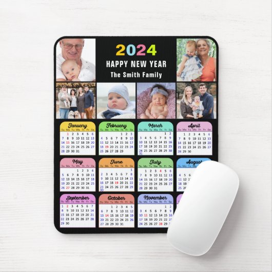 2024 Kalender Modern Zwart 6 Familie Fotocollage Muismat (Met muis)