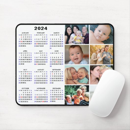 2024 Kalender Modern Zwart 8 Familie Fotocollage Muismat (Met muis)