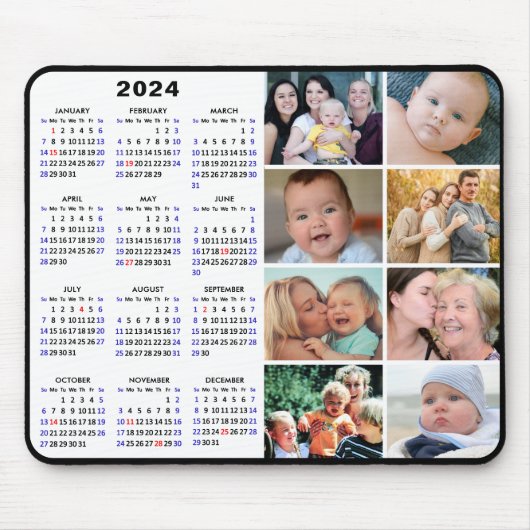 2024 Kalender Modern Zwart 8 Familie Fotocollage Muismat (Voorkant)