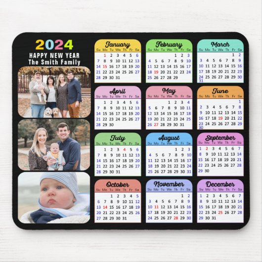 2024 Kalender Modern Zwart Familie Foto Kleurrijk Muismat (Voorkant)