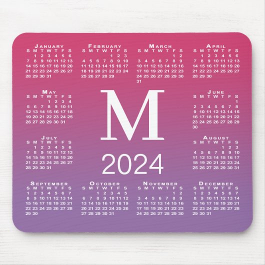 2024 Kalender Monogram op Roze tot Paarse Gradiënt Muismat (Voorkant)