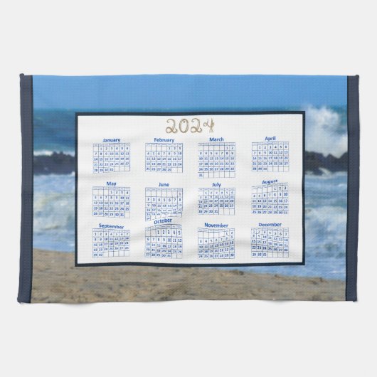 2024 Kalender Ocean Waves Beach Rocks Foto Theedoek (Horizontaal)