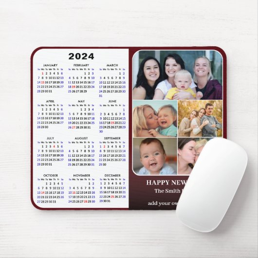 2024 Kalender Rode Familie Fotocollage US Feestdag Muismat (Met muis)