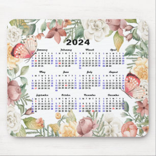 2024 Kalender Roos Bloemen Groen Roze Vlinder Muismat