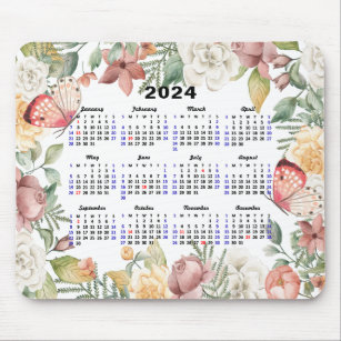 2024 Kalender Roos Bloemen Groen Roze Vlinder Muismat