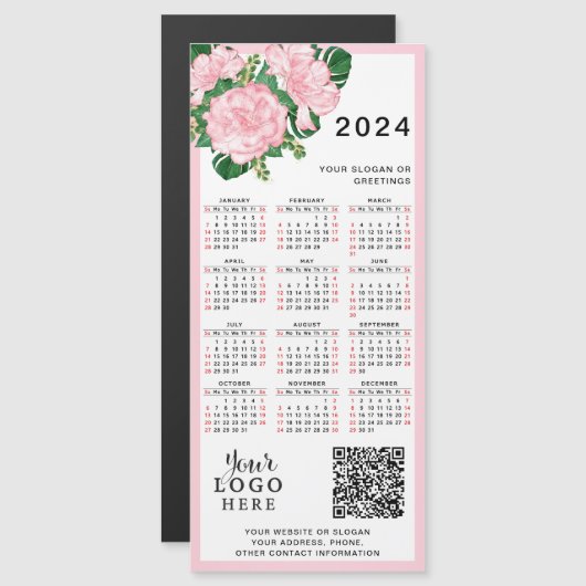 2024 Kalender Roze Wit Bloemen Logo QR Code (Voorkant / Achterkant)