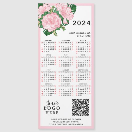 2024 Kalender Roze Wit Bloemen Logo QR Code (Voorkant)