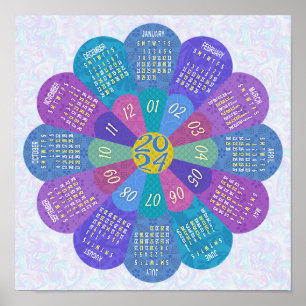 2024 Kalender Uniek Rond Boho Paarse Bloem Poster