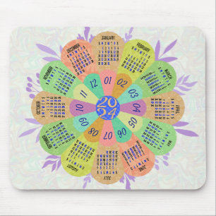 2024 Kalender Unieke Ronde Boho Retro Bloem Muismat
