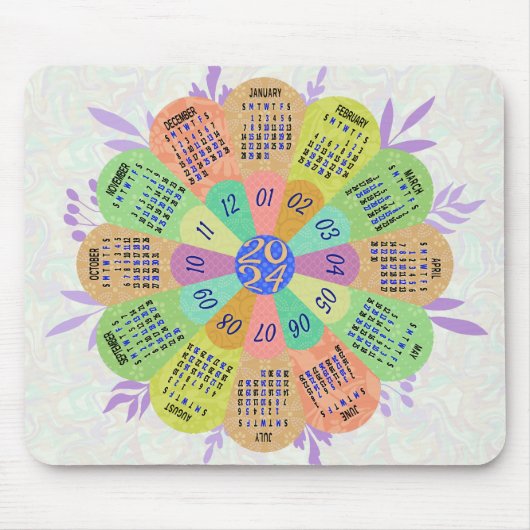 2024 Kalender Unieke Ronde Boho Retro Bloem Muismat (Voorkant)