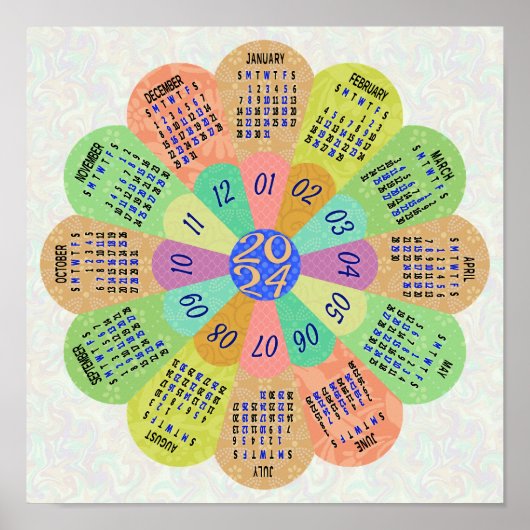 2024 Kalender Unieke Ronde Boho Retro Bloem Poster (Voorkant)