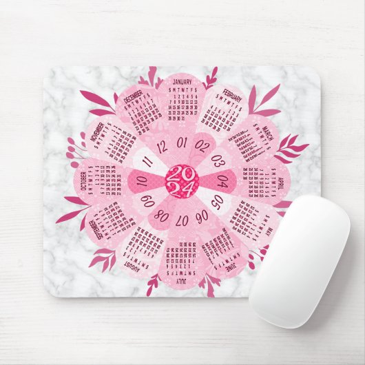 2024 Kalender Unieke Ronde Boho Roze Bloem Muismat (Met muis)