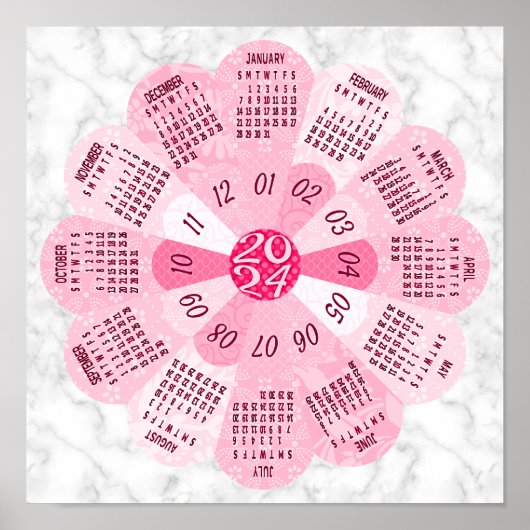2024 Kalender Unieke Ronde Boho Roze Bloem Poster (Voorkant)