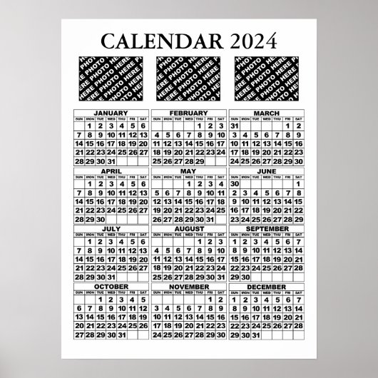 2024 Kalender Voeg 3 Foto's Poster Wit 18x24in (Voorkant)