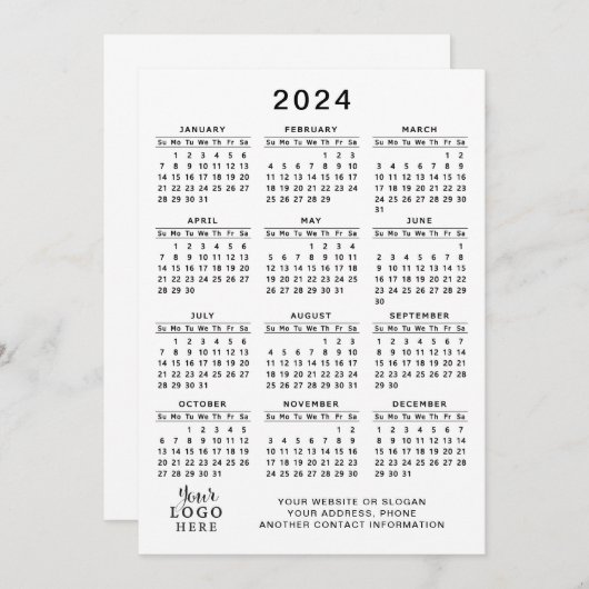 2024 Kalender Volledig Jaar Wit Zwart Minimaal Programmakaart (Voorkant / Achterkant)