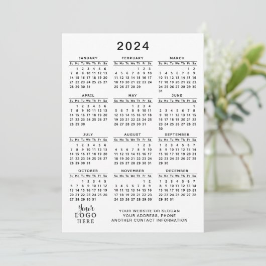 2024 Kalender Volledig Jaar Wit Zwart Minimaal Programmakaart (Staand voorkant)