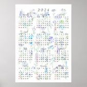 2024 Kalender waterverf paarse en blauwe foraal Poster (Voorkant)