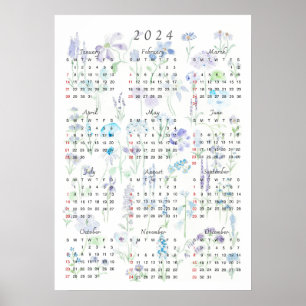 2024 Kalender waterverf paarse en blauwe foraal Poster