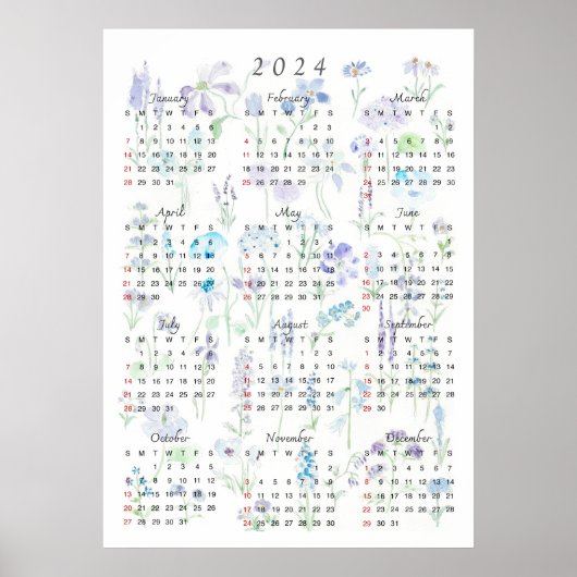 2024 Kalender waterverf paarse en blauwe foraal Poster (Voorkant)