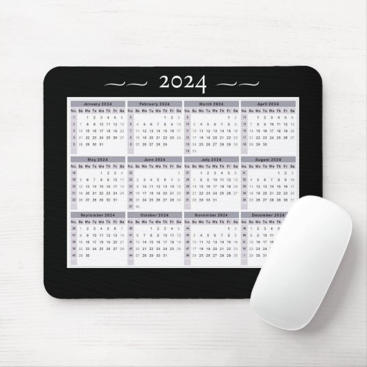 2024 Kalender Wekelijks Zwart Wit Grote Print Muismat (Met muis)