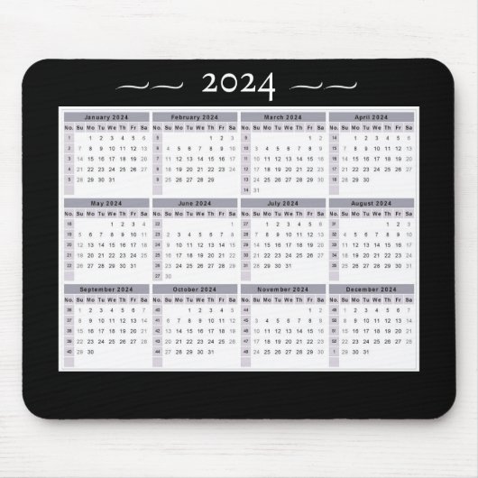 2024 Kalender Wekelijks Zwart Wit Grote Print Muismat (Voorkant)