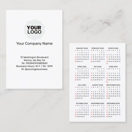 2024 Kalender ZONDAG Verticale Promotie Tool Visitekaartje (Voorkant / Achterkant)