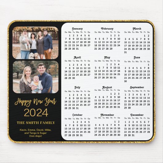 2024 Kalender Zwart Goud Script 2 Familie Foto Muismat (Voorkant)