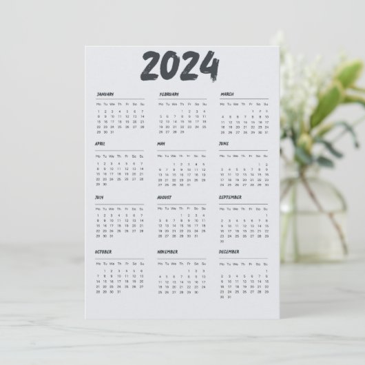 2024 Kalender Zwart-wit Eenvoudig Programmakaart (Staand voorkant)