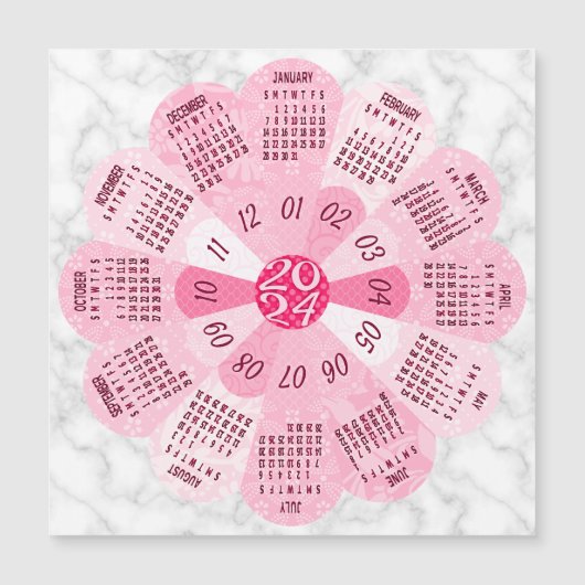 2024 Kalenderjaar Unieke Boho Roze Bloemmagneet (Voorkant)