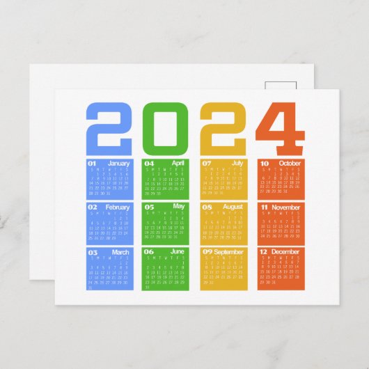 2024 Kleurrijke Kalender Briefkaart (Voorkant / Achterkant)