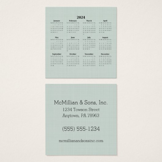 2024 Maandelijkse kalender Groene Linen Aangepaste Vierkante Visitekaartjes (Voorkant /achterkant)