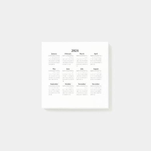 2024 Maandelijkse kalender op Wit Post-it® Notes (Voorkant)