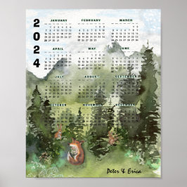 2024 Maandelijkse kalender Waterverf Bos Poster